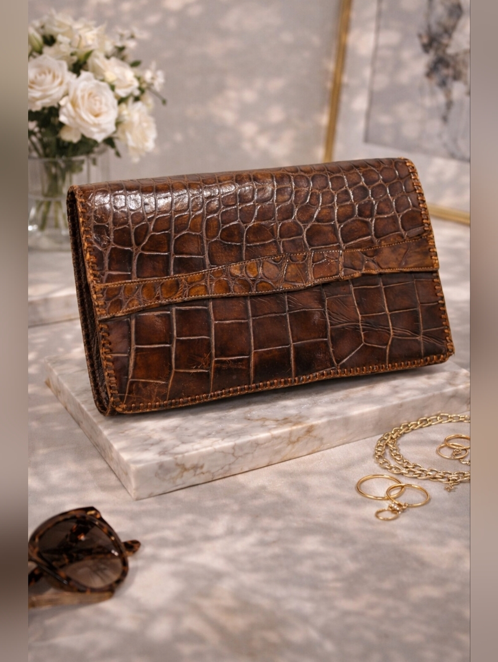 Vintage Alligator Leather Clutch Brown Croc Texture Envelope Bag 1930s 1940s Sty